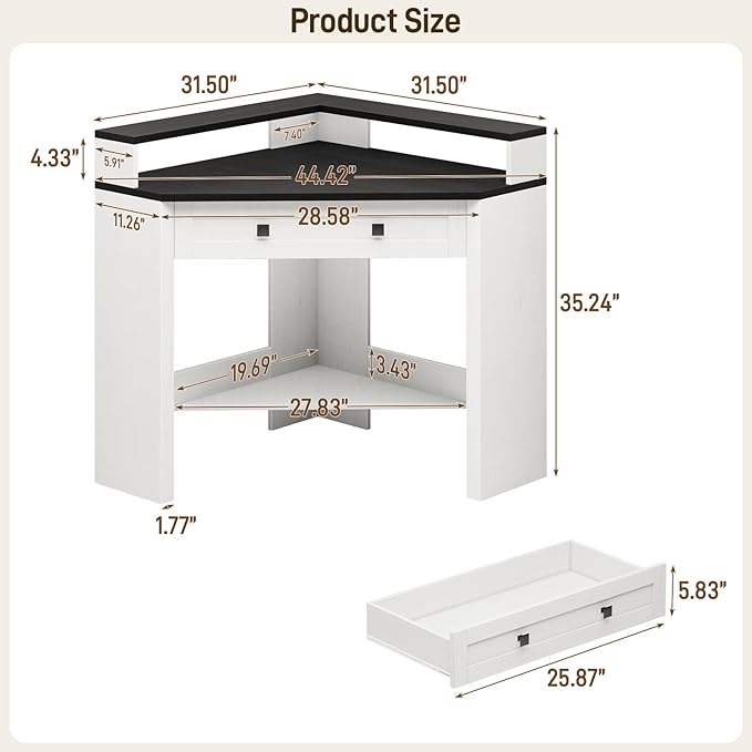 Corner Desk Triangle Computer Desk Home Office Workstation with Drawer and Monitor Stand for Small Spaces Farmhouse Corner Vanity Table for Bedroom Study Living Room (Rustic White and Black)