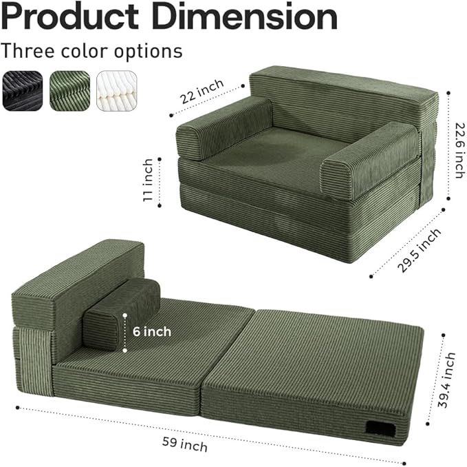 Folding Sofa BedConvertible Sofa Bed with Armrest Foldable Sleeper Chair Portable Folding 4-in-1 Floor Sofa with Convertible Lounge Chair for Living RoomBedroomWashable CoverGreen Single