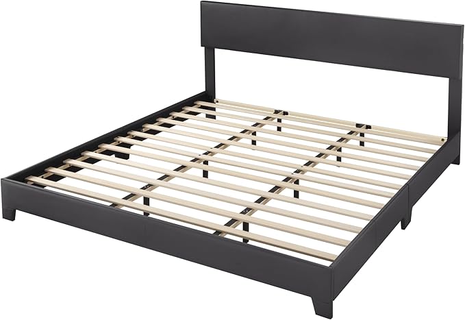 Allewie King Size Bed Frame with Adjustable Headboard Faux Leather Platform Bed with Wood Slats Heavy Duty Mattress Foundation No Box Spring Needed Noise-Free Easy Assembly Black