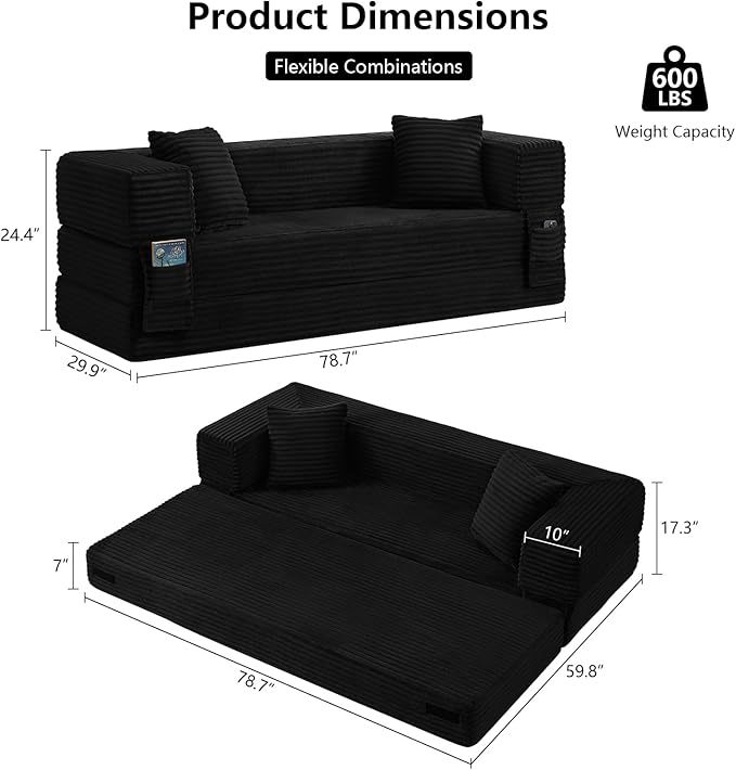 GNIXUU 78.7 Boneless Convertible Sleeper Sofa Bed 4-in-1 Folding Corduroy Futon Couch Bed Oversized Loveseat Modular Floor Mattress Couch for Living Room Bedroom Lounge No Assembly Black