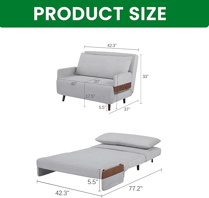 3-in-1 Convertible Sofa Bed Futon Loveseat Couch with Pillow Adjustable Backrest and Removable Armrests Recliner Sleeper Sofa for Small Spaces Living Room Bedroom or Office Light Grey