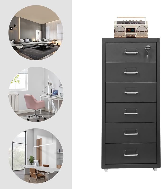 6-Drawer Vertical File Cabinet with Lock Metal Filing Cabinet Mobile Rolling Storage for Legal/Letter/A4 Files Cold-Rolled Steel Construction 17.64-22.05 lbs/Drawer (Black)