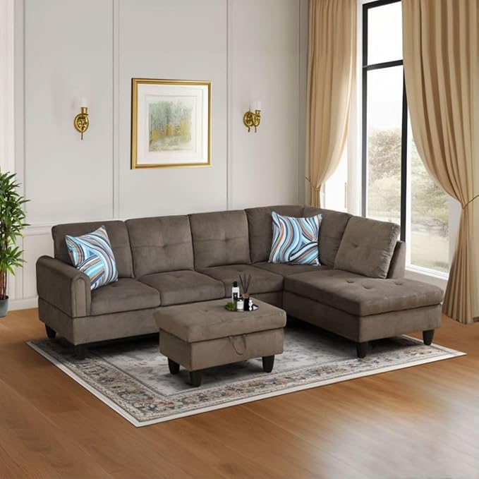 Brown L-Shaped 3-Piece Corduroy Sofa with Storage Ottoman Set Sectional Couch Sofa Set for Living Room Office Small Space