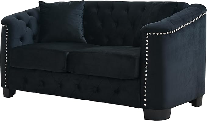 mikibama Modern Chesterfield Velvet Loveseat Sofa 59 Inch Sectional Sofa Luxury 2 Seater Upholstered Tufted Couch with Nailhead Arms and 2 Pillows for Living Room Bedroom Apartment(Black)