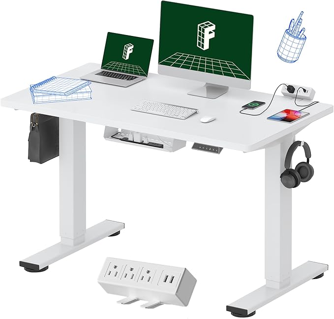 FLEXISPOT EN2 Whole-Piece Standing Desk with Clamp Power Strip 48x24 Electric Stand Up Height Adjustable Desk with Cable Management (White Frame + 48 White Top)