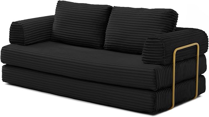 HANXIN 80 Inch Convertible Sleeper Sofa Bed High Back Plush Corduroy Folding Floor Mattress Couch with Fixed-Shape Frame Boneless Futon Loveseat with Pull Out Bed No Assembly Required (Black)