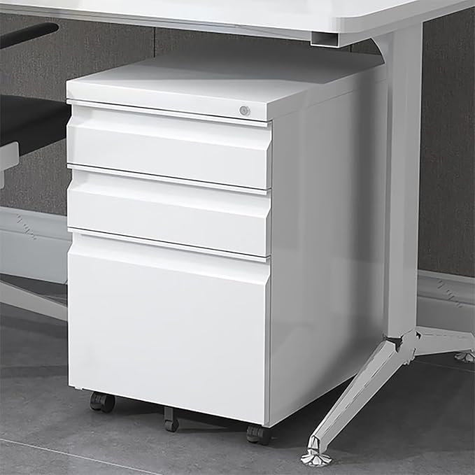 3 Drawer File Cabinet with Wheels Metal Filing Cabinets for Home Office with Lock Under Desk Drawer Organizer Fully Assembled Fits Letter A4 Standard Sizes (White 23.6*15.4*19.7)