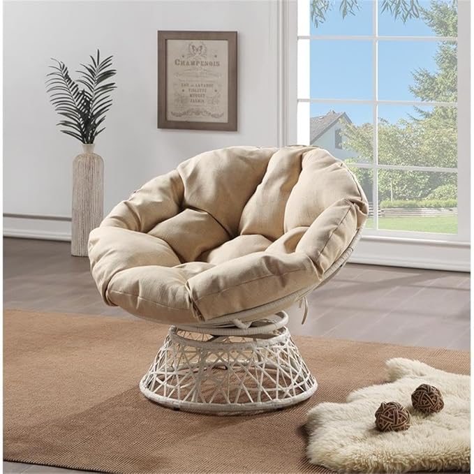 Pemberly Row Accent Chair Cream Wicker Weave with Round Fabric Pillow Cushion 360° Swivel Resin Wicker Metal Frame 40 W x 36 D x 35.25 H Casual Living Room or Dorm Seating