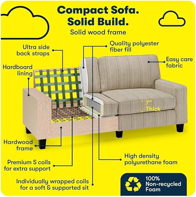 Pemberly Row Modern 73 Track Arm Sofa Beige Upholstered Removable Covers Compact Space-Saving Design Solid Wood Frame High-Density Foam Cushions Living Room or Home Office Furniture