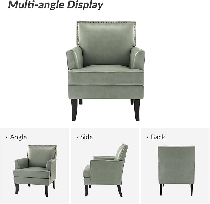 HULALA HOME Modern Faux Leather Accent Chair Comfy Upholstered Sofa Chair with Nailhead Trim Living Room Bedroom Armchair with Wood Legs Sage