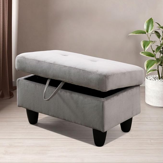 Grey White L-Shaped 3-Piece Corduroy Sofa with Storage Ottoman Set Sectional Couch Sofa Set for Living Room Office Small Space