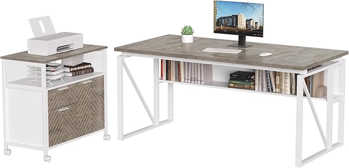 LITTLE TREE 63-Inch Office Desk with 31.5-Inch Lateral File Cabinet Study Writing Desk Computer Desk for Home Office