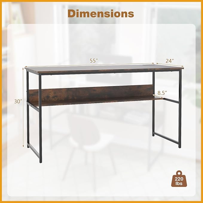 Giantex 55 Inch Computer Desk with Charging Station Gaming Desk with Storage Bookshelf Large Computer Workstation w/Heavy Duty Metal Frame Modern Study Writing Desk for Home Office (Rustic Brown)