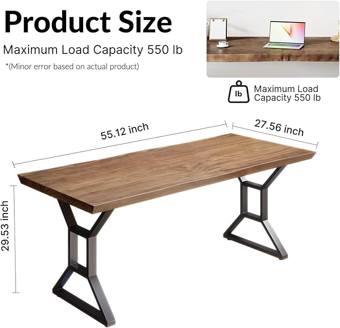 Solid Wood Rustic Style 55.1-inch Computer Desk - Large Office Desk for Home Office Modern and Simple Design Ideal for DiningStudy Writing (Black-a 55.12 * 27.56 * 29.53)