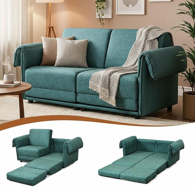 Convertible Sleeper Sofa Bed Pull Out Couch with High-Density Foam Modern Upholstered Loveseat Futon 2-in-1 Full Size Bed for Living Room Apartment Small Space (Green) | Foldable Convertible Bed