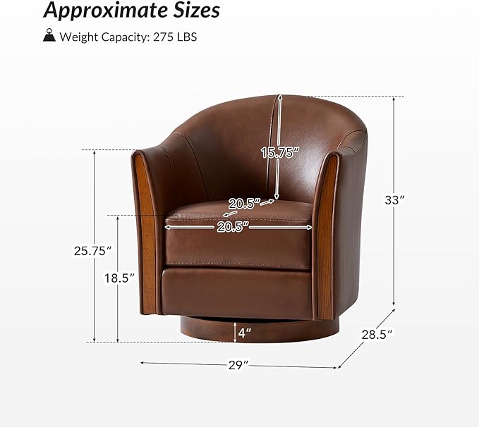 Classic Genuine Leather Swivel Barrel Chair with Solid Wood Base Comfortable Design for Living Room &amp Lounge Brown