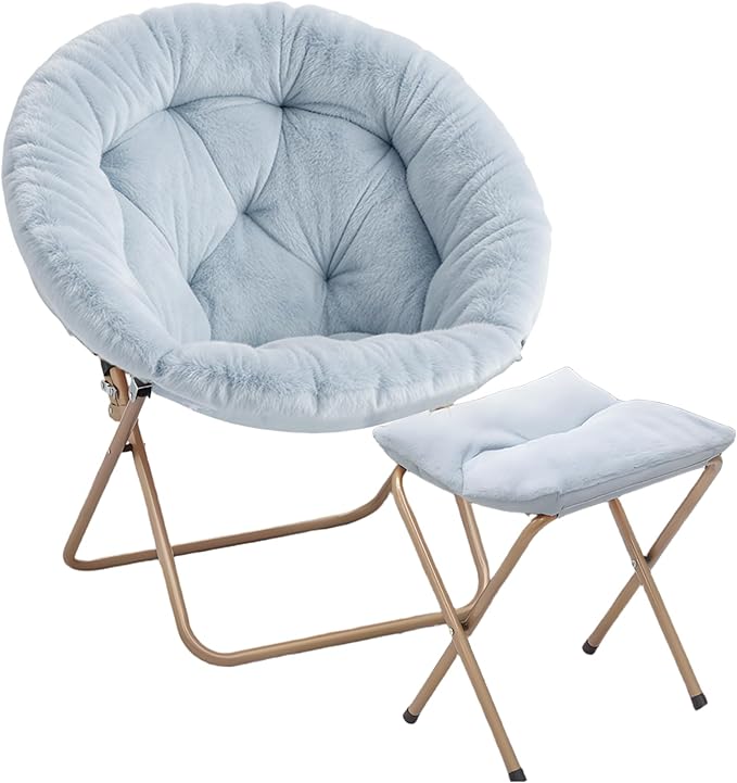 Magshion Folding Saucer Chair for Adults with Ottoman Circle Reading Chair for Bedroom Living Room &amp Dorm Furry Comfy Accent Seat with Metal Leg &amp Thick Padded for Small Spaces (Blue 1 Pac