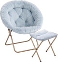 Magshion Folding Saucer Chair for Adults with Ottoman Circle Reading Chair for Bedroom Living Room &amp Dorm Furry Comfy Accent Seat with Metal Leg &amp Thick Padded for Small Spaces (Blue 1 Pac
