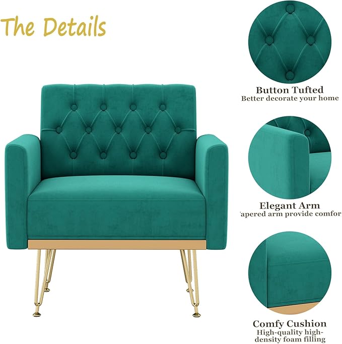 Olela Accent Chair with Arm for Living Room Velvet Modern Armchair Single Sofa Cozy Tufted Upholstered Reading Side Chairs with Gold Metal Leg for Bedroom Decorate
