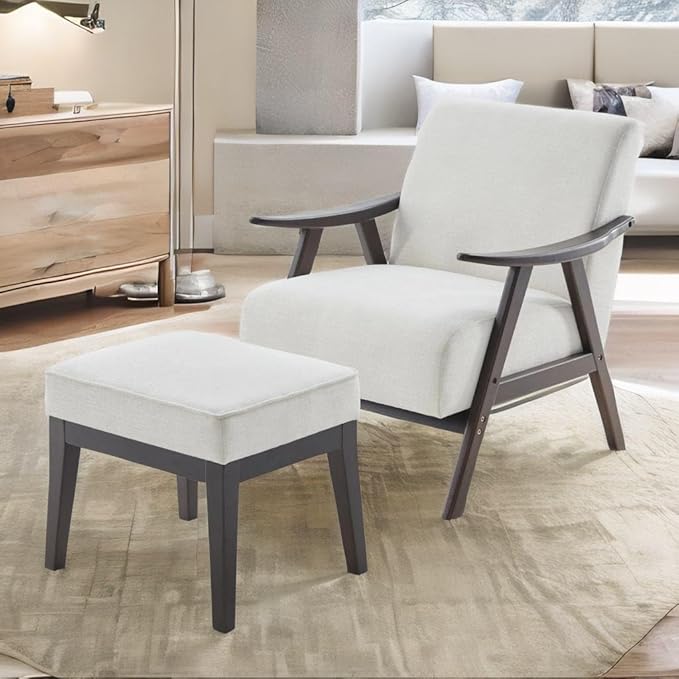 Accent Chair with Ottoman Upholstered Mid Century Chair and Footrest Solid Wood Arm Chair Living Room Chairs and Ottoman Set Beige RF412