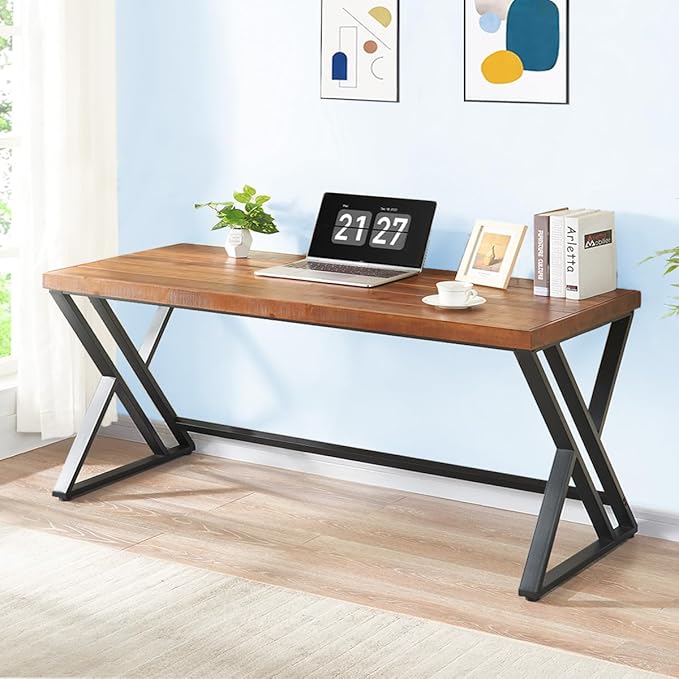 Real Wood Computer Desk Home Office Solid Wood Writing Desk Farmhouse Long Natural Wood Executive Work Desk Industrial Rustic Wooden Metal PC Gaming Office Table Workstation Brown 60 in
