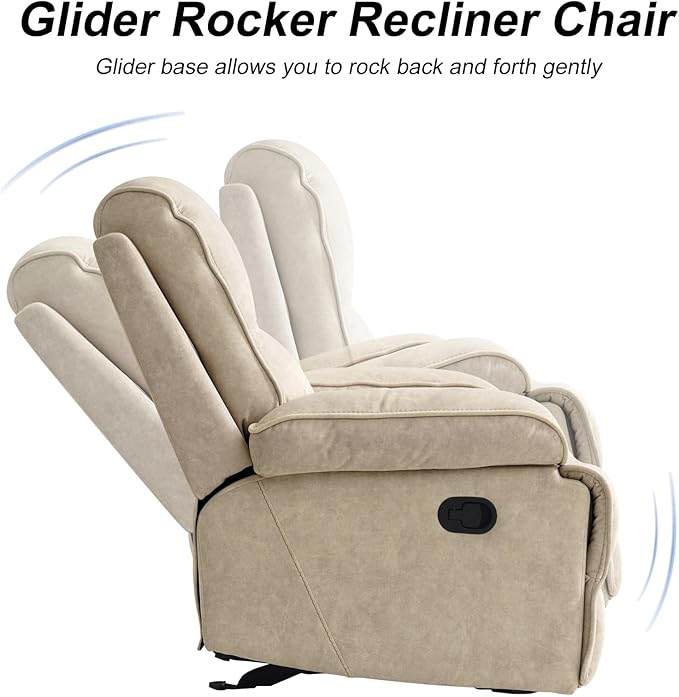 Manual Rocker Recliner Chair for Adults High Back Glider with Deep Seat Upholstered Fabric Armchair for Living Room &amp Nursery Flaxen