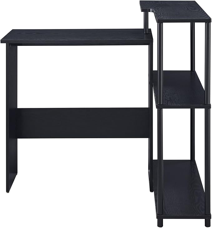 Black Office Desk with 3-Tier Bookshelf - Modern Wood &amp Metal Compact Workspace