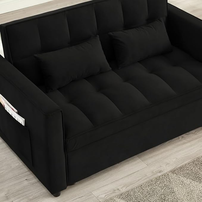 Loveseat Sleeper Sofa 3 in 1 Convertible Sofa Bed Adjustable Backrest Comfy Pull Out Couch Modern Upholstered Sofa for Living Room Bedroom Apartment Small Space (Black)