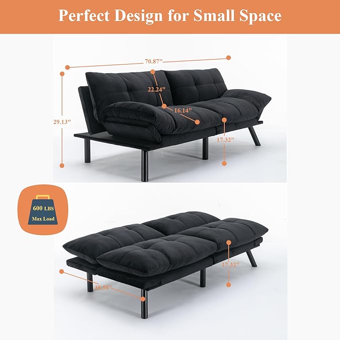 Anwick Futon Sofa Bed Velvet Convertible Futon Sleeper Couch 71 Sleeper Sofa Bed with Adjustable Backrest Modern Loveseat Couch for Compact Living Room Apartment Office (Black-New)
