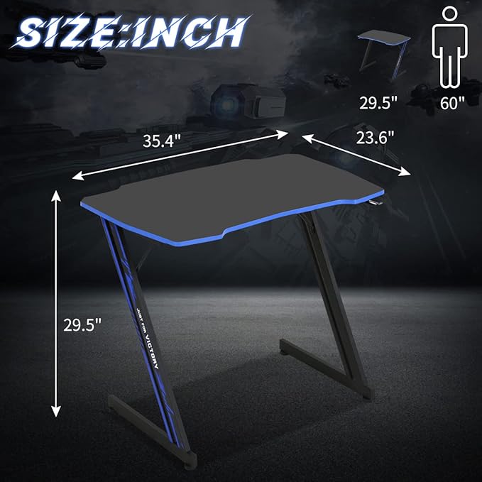 BLKMTY 35 Inch Gaming Desk Computer Desk with Headphone Hook Modern Gamer Desks Table for Home Office Dorm Sturdy Writing Workstation Z-Shaped Carbon Fiber Black Blue