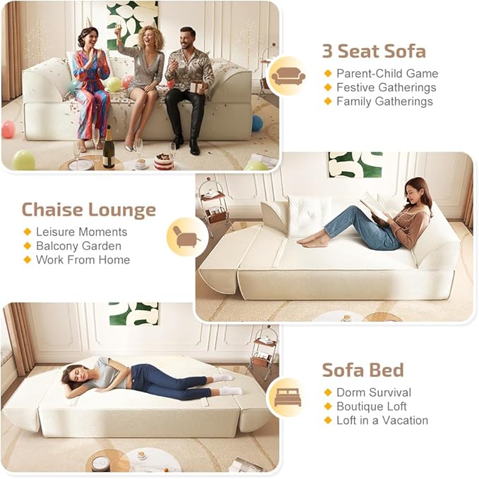 3-in-1 Convertible Folding Sofa Bed 79.5 Queen Size Sleeper Curved Couch Modern Deep Seat Fluffy Couch with 2 Pillows 3-Seater Sofa Sparkling Chenille Fabric Sofa (A-Beige 3 Seat)