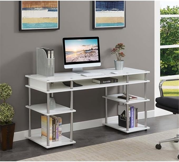 Pemberly Row 60-Inch Deluxe Student Desk with Shelves White Wood Finish Stainless Steel and Particle Board Construction No-Tools Easy Assembly Home Office or Dorm Workspace