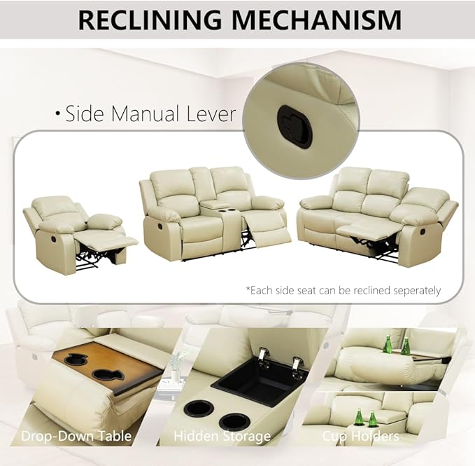 Faux Leather Manual Recliner Sofa Set Luxury Recliner Couch Set in 2 Piece Living Room Furniture Sets Reclining Sofa Loveseat with Cup Holders/Storage for Living Room/Office/RV Car Beige
