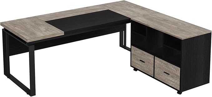 Tribesigns L-Shaped Executive Desk with Reversible File Cabinet 63 Office Desk with Storage Drawers L-Shaped Computer Desk with Drawer Cabinet for Hanging Letter Size Files (Gray &amp Black)
