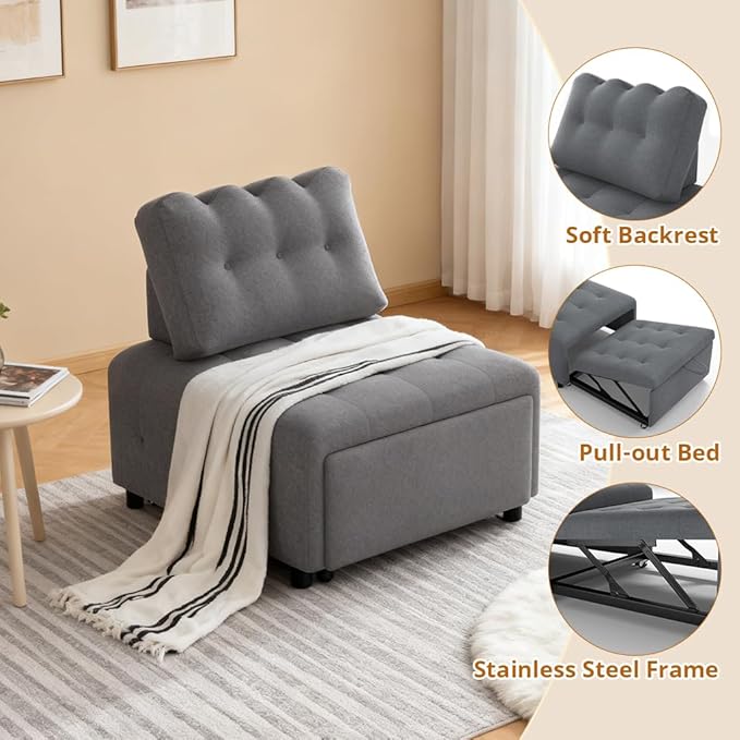 CMOHOMA Sleeper Sofa BedConvertible Pull Out Couch with Adjustable BackrestLinen Chaise Lounge ChairSectional Couches for Living RoomBedroomApartmenGray