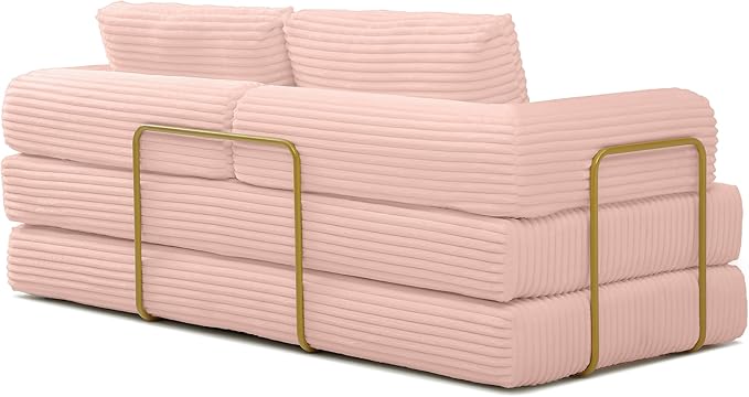 80 Convertible Sofa Bed Modern Corduroy Sleeper Sofa Folding Floor Couch with Golden Fixed-Shape Frame Pink Boneless Loveseat Sofas Bed for Living Room Bedroom No Assembly Needed