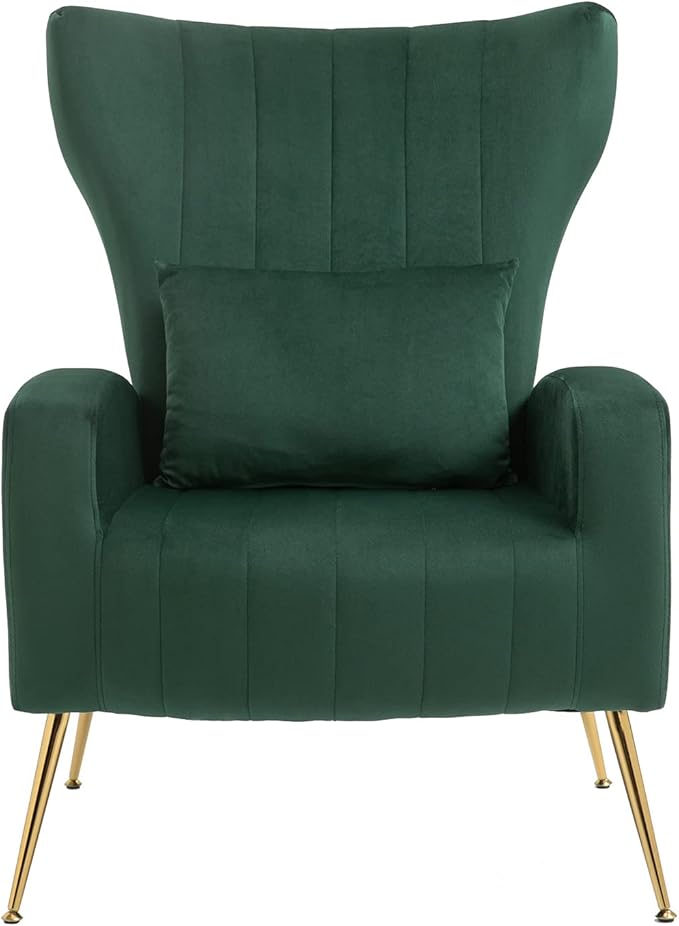 Living Room Chairs Set of 2 Modern Velvet Accent Chairs with Lumbar Pillow High Back Armchair Arm Chairs with Gold Metal Legs for Bedroom Green