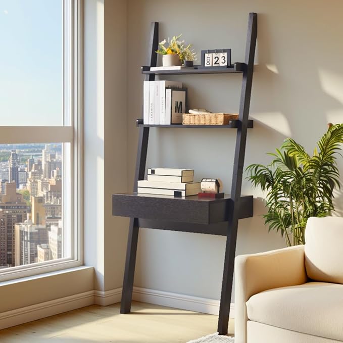 Ladder Desk with Drawer and Shelves Modern Home Office Desk with Bookcase Design Compact Writing Table Workspace for Small Spaces Handleless Design