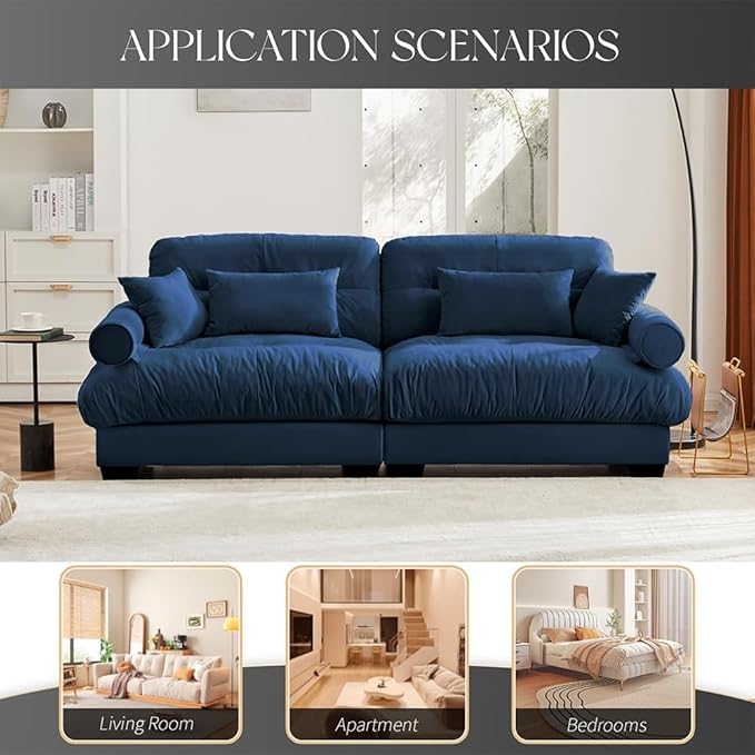 Luxury Loveseat Sofa CouchOversized Love seat Sofas with Waist Pillows and Throw PillowsComfy Velvet Deep 2-Seat Cloud Couch with Bolstered ArmrestsComfy Cloud Couches (Blue 93.7”)