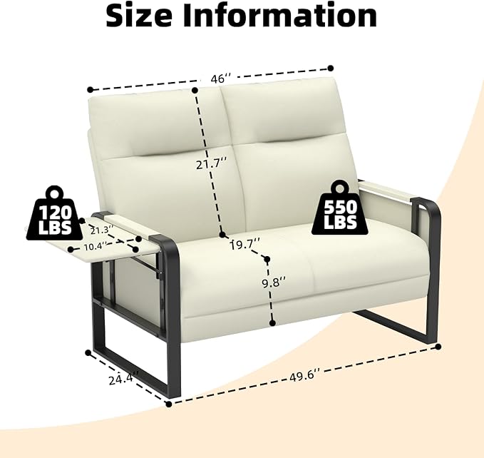 Modern Leather Loveseat Small Sofa with Side Tray &amp Pocket Upholstered Mini Couch for Living Room Office Guest Room Beige