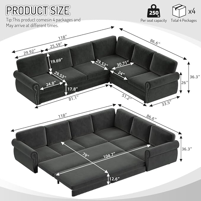 118 L Shaped Sectional Sleeper Sofa Couch with Pull Out Bed Oversized Chenille Convertible Sectional Couches with Nailhead Trim &amp Rolled Arm for Living Room Removable Sofa CoverDark Gray