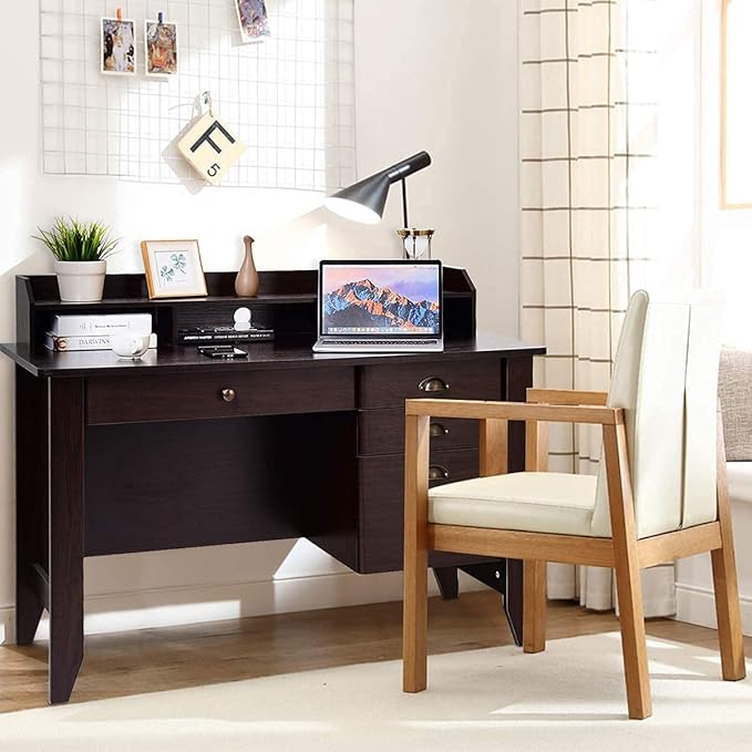 Giantex Topment Wood Computer Desk with 2 Tier Shelves Study and Writing Table with Three Side Drawers Laptop Table with a Smooth Slide-Out Long Drawer Work Station for Home &ampOffice