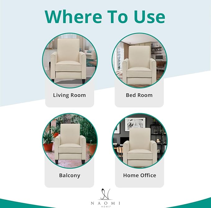 Naomi Home Landon Cream Linen Push-Back Recliner Compact Comfort for Small Spaces Plush Cushioning Modern Armless Club Chair Design