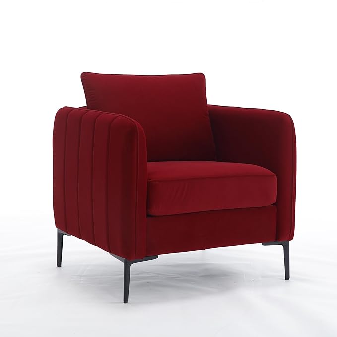Mid-Century Modern Velvet Accent Chair - Plush Upholstered Armchair with Metal Legs 300lb Capacity Comfy Reading Chair for Living Room Bedroom or Office (Wine Red)