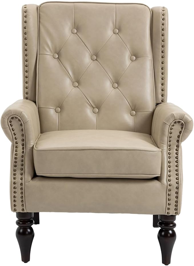 Brown Leather Accent Chair with High Back Vintage Tufted Wingback Chair with Arms &amp Rivet Upholstered Armchair &amp Single Sofa Chairs for Living Room Bedroom Office Apartment (Beige)