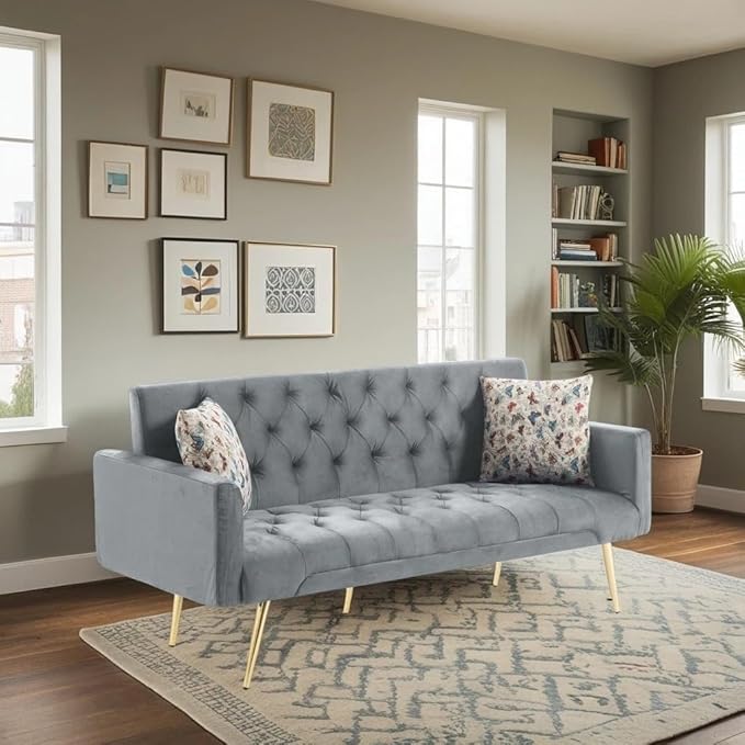 Futon Sofa Bed Convertible Futon Couch with Adjustable Backrest 68.31” Folding Sofa Bed with 2 Pillows &amp Metal Legs Sleeper Loveseat with Armrest for Home Office Dark Gray