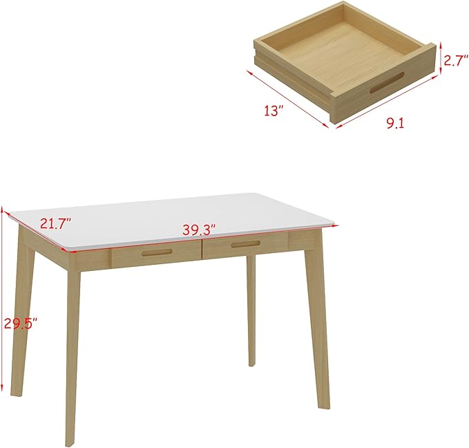 39.4 Inch Computer Desk with 2 Drawers Modern Home Office Desk Study Writing Gaming Work Table with Large Legroom White &amp Light Brown