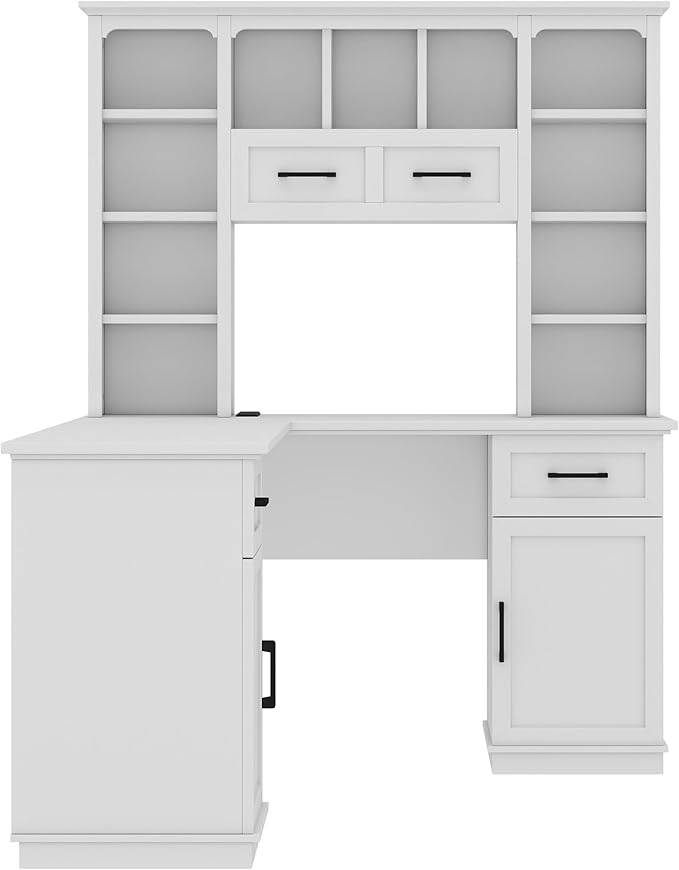 L Shaped Computer Desk with Drawers Bookshelf &amp Hutch Modern Corner Home Office Desk L-Shaped Study Table Writing Corner Gaming Computer Desk with Storage (White)