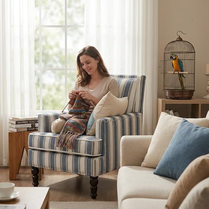Blue Striped Accent Chair for Living Room Bedroom - Comfy Cotton Linen Reading Chair Coastal Nautical Armchair with Solid Wood Legs Easy Assembly (Striped Blue)