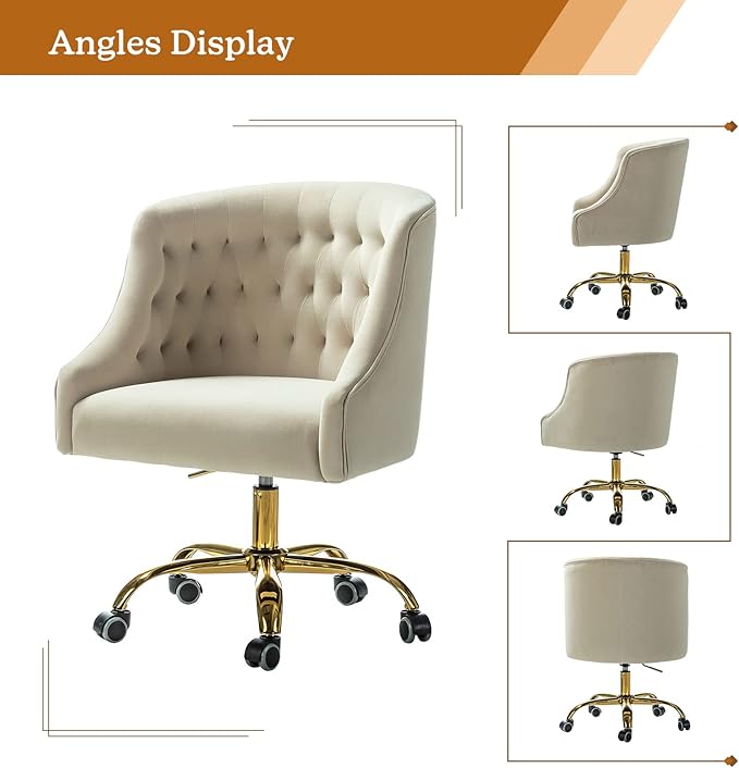 Velvet Home Office Chair with Gold Base Comfortable Modern Cute Desk Chair Adjustable Swivel Task Chair for Living Room Bedroom Vanity Study Tan